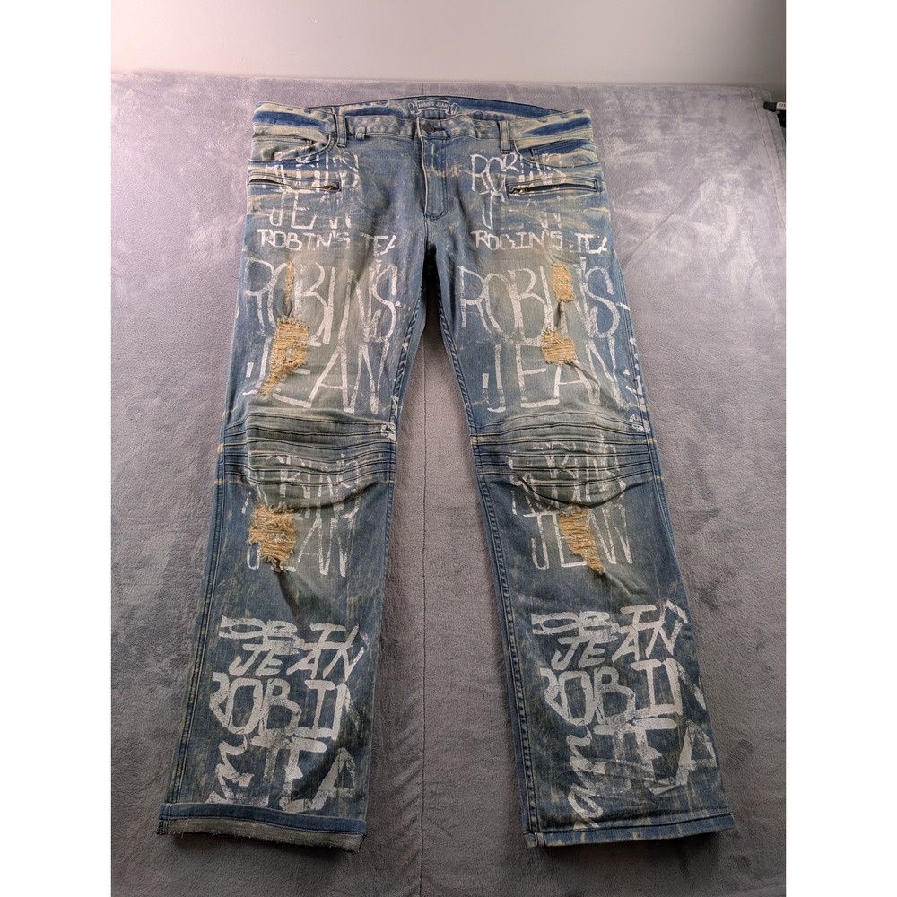 Robins Jean Mens 42x31 Graffiti Print Distressed Moto Biker Denim Jeans Light